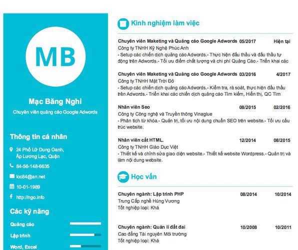 Mẫu CV Chuyên viên quảng cáo Google Adwords