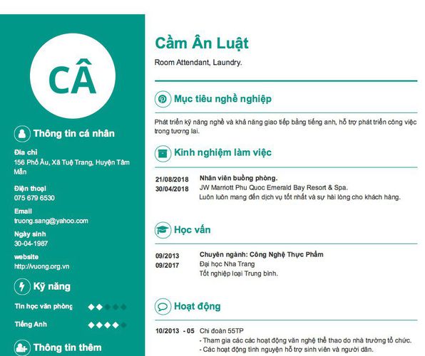 Mẫu CV Room Attendant, Laundry.