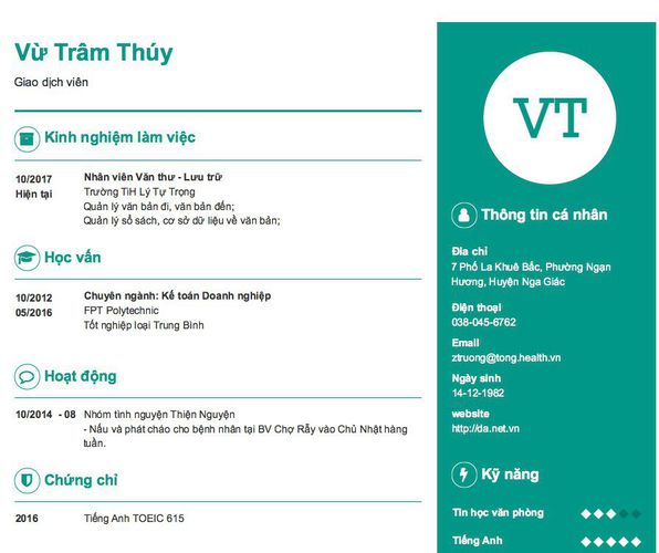 Mẫu CV Giao dịch viên