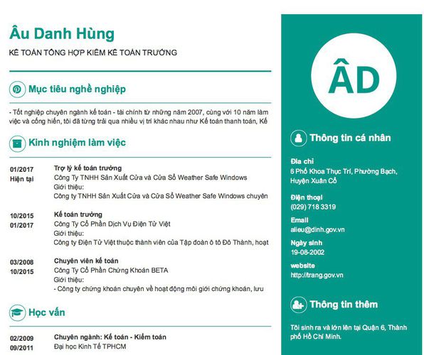 Gợi ý cách viết Mẫu CV tham khảo KẾ TOÁN TỔNG HỢP KIÊM KẾ TOÁN TRƯỞNG