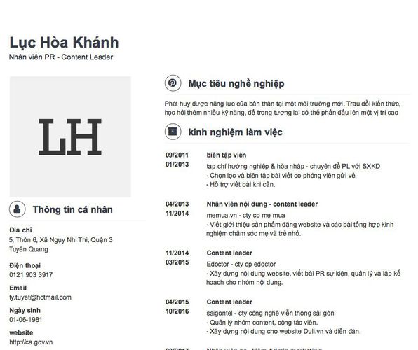 Mẫu CV Nhân viên PR - Content Leader