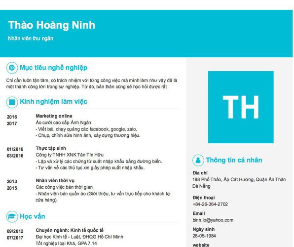 Mẫu CV Nhân viên thu ngân