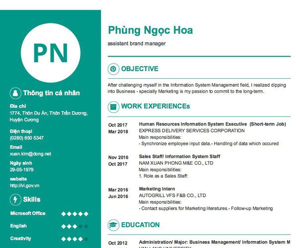 Mẫu CV assistant brand manager