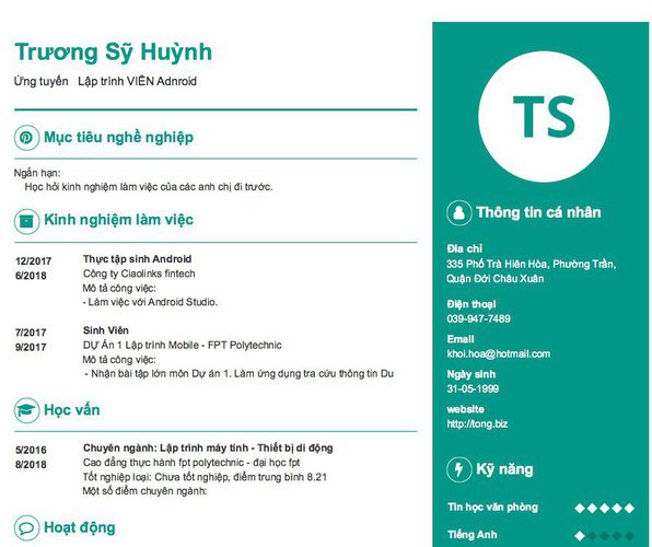 Mẫu CV Ứng tuyển   Lập trình VIÊN Adnroid
