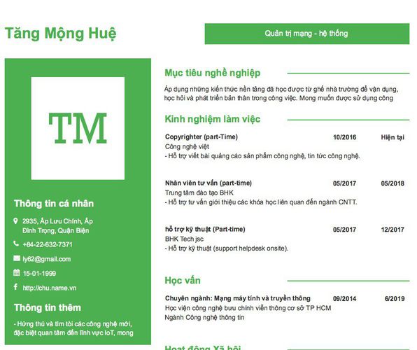 Mẫu CV Quản trị mạng - hệ thống