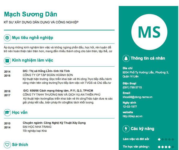 Mẫu CV KỸ SƯ XÂY DỰNG DÂN DỤNG VÀ CÔNG NGHIỆP