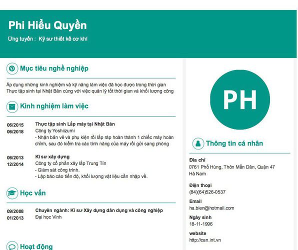 Gợi ý cách viết Mẫu CV tham khảo Ứng tuyển :  Kỹ sư thiết kế cơ khí