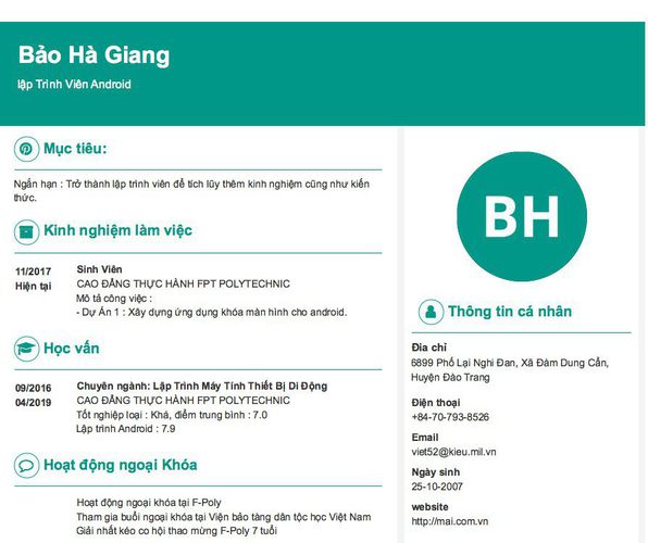 Mẫu CV lập Trình Viên Android