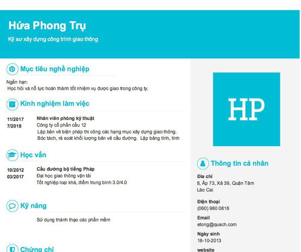 Mẫu CV Kỹ sư xây dựng công trình giao thông