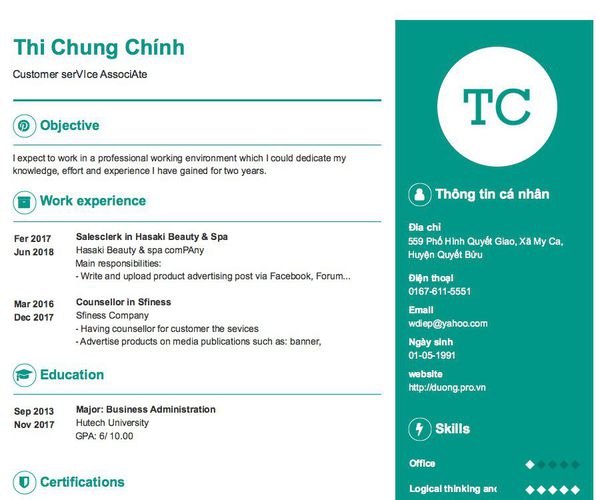 Mẫu CV Customer serVIce AssociAte
