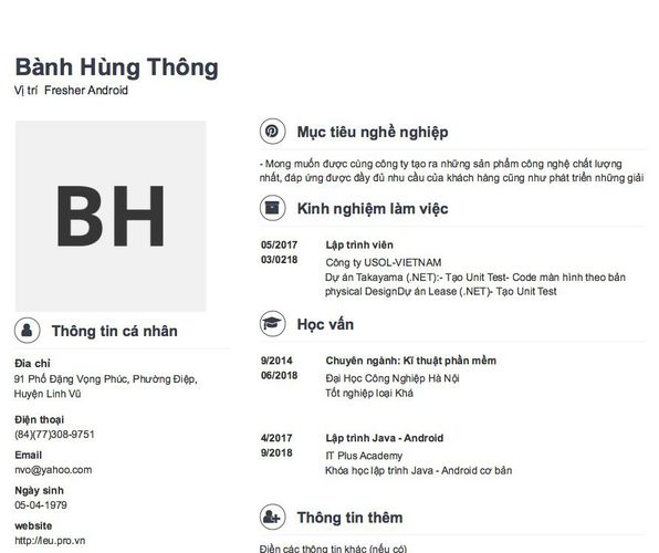 Mẫu CV Vị trí  Fresher Android