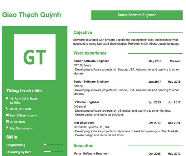 Mẫu CV Senior Software Engineer