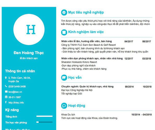 Mẫu CV lễ tân khách sạn