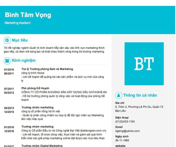 Mẫu CV Marketing Assitant