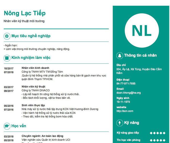 Mẫu CV Nhân viên kỹ thuật môi trường