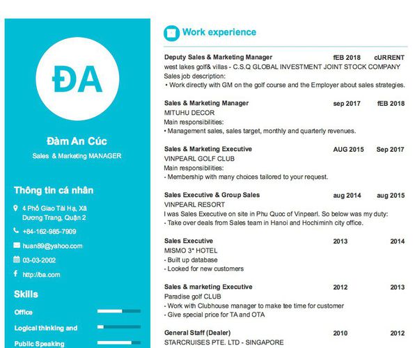 Mẫu CV Sales  & Marketing MANAGER