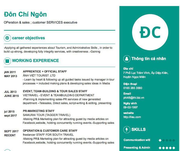 Mẫu CV OPeration & sales ; customer SERVICES executive
