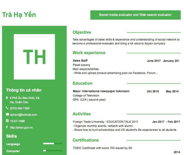 Mẫu CV Social media evaluator and Web search evaluator