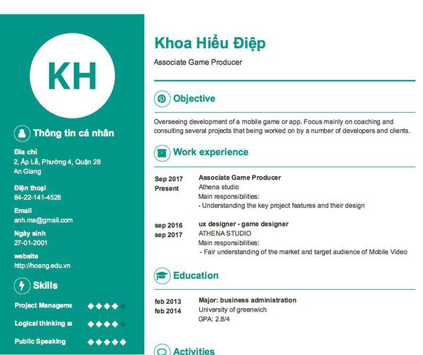 Mẫu CV Associate Game Producer