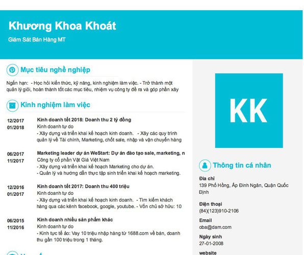 Mẫu CV Giám Sát Bán Hàng MT
