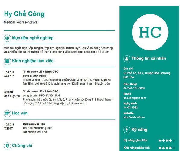 Mẫu CV Medical Representative
