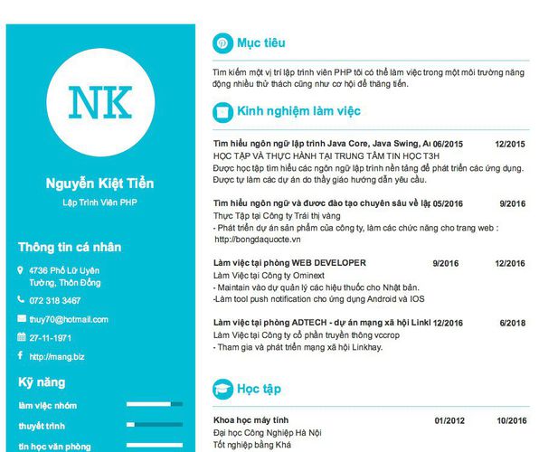 Mẫu CV Lập Trình Viên PHP