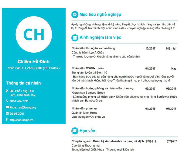 Mẫu CV Nhân viên  TƯ VẤN -CSKH (TELEsales )