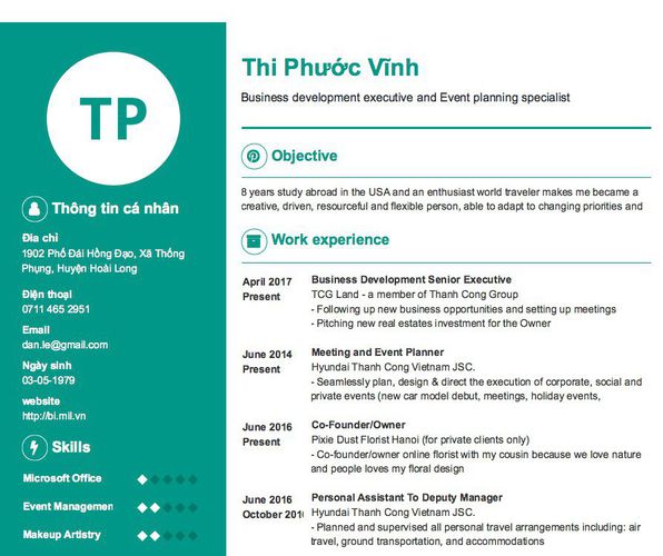 Mẫu CV Business development executive and Event planning specialist