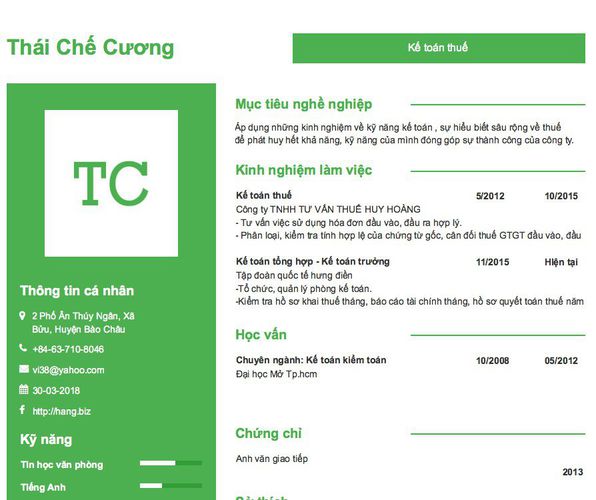 Mẫu CV Kế toán thuế