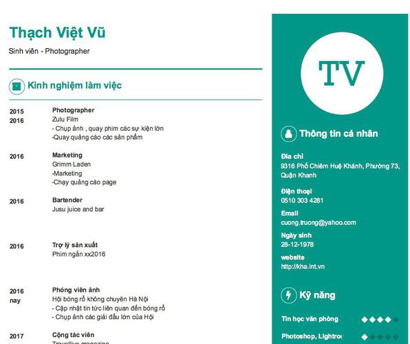 Mẫu CV Sinh viên - Photographer