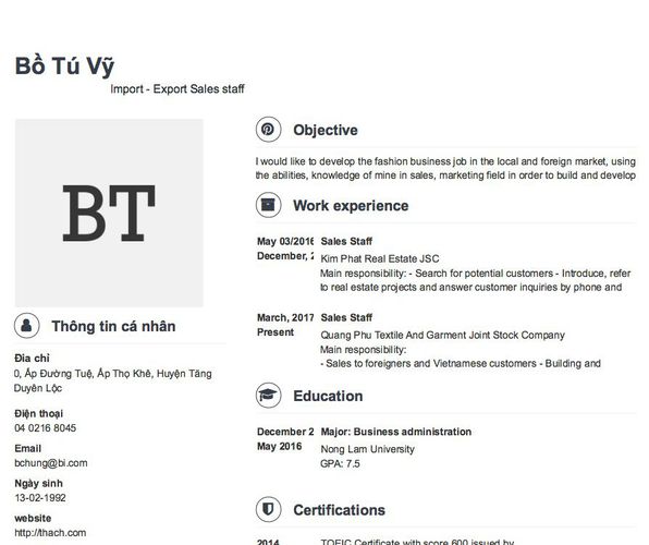 Mẫu CV                               Import - Export Sales staff