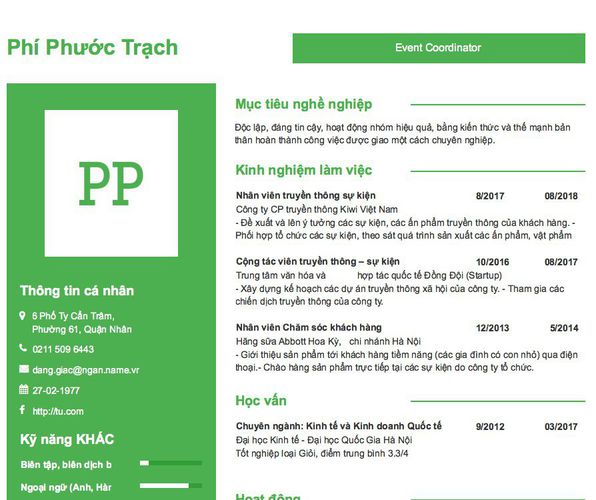 Mẫu CV Event Coordinator