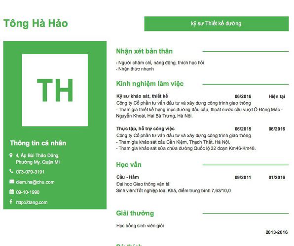 Mẫu CV kỹ sư Thiết kế đường