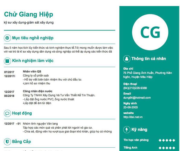 Mẫu CV kỹ sư xây dựng-giám sát xây dựng