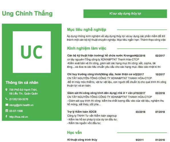 Gợi ý cách viết Mẫu CV tham khảo  Kĩ sư xây dựng thủy lợi