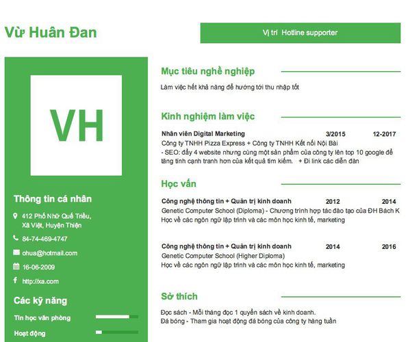 Mẫu CV Vị trí  Hotline supporter