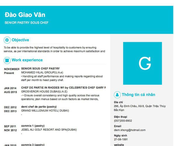 Mẫu CV SENIOR PASTRY SOUS CHEF