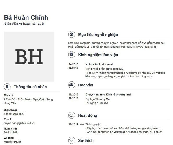 Mẫu CV Nhân Viên kế hoạch sản xuất