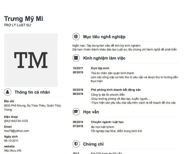 Mẫu CV TRỢ LÝ LUẬT SƯ