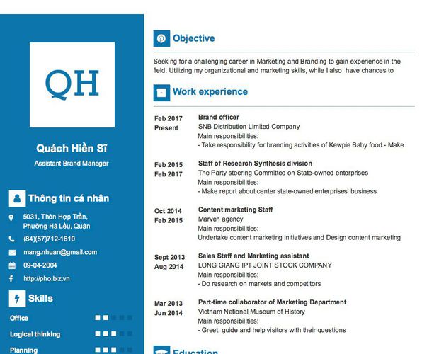 Mẫu CV Assistant Brand Manager