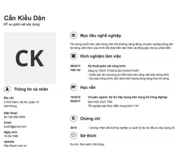 Mẫu CV KỸ sư giám sát xây dựng