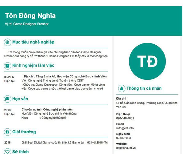 Mẫu CV Vị trí  Game Designer Fresher