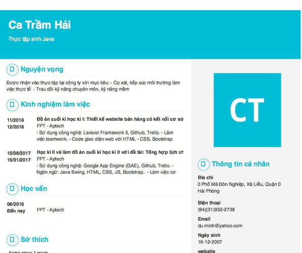 Mẫu CV Thực tập sinh Java