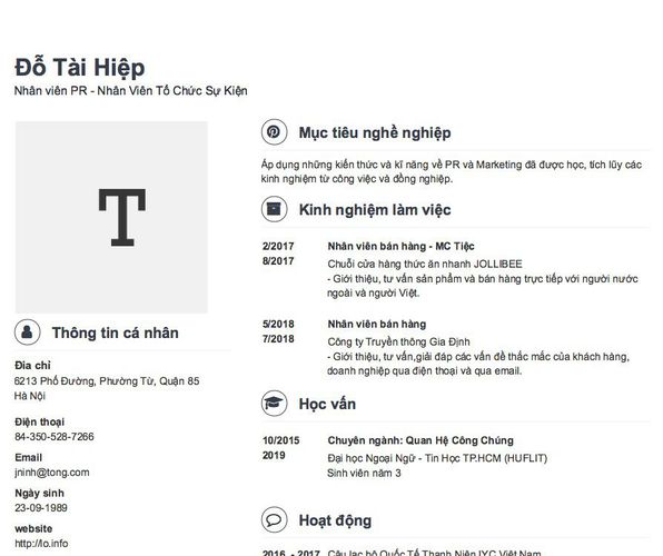 Mẫu CV Nhân viên PR - Nhân Viên Tổ Chức Sự Kiện