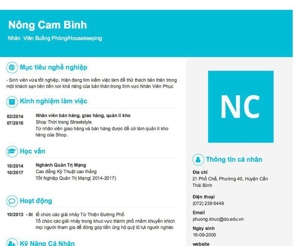 Mẫu CV Nhân  Viên Buồng Phòng/Housekeeping