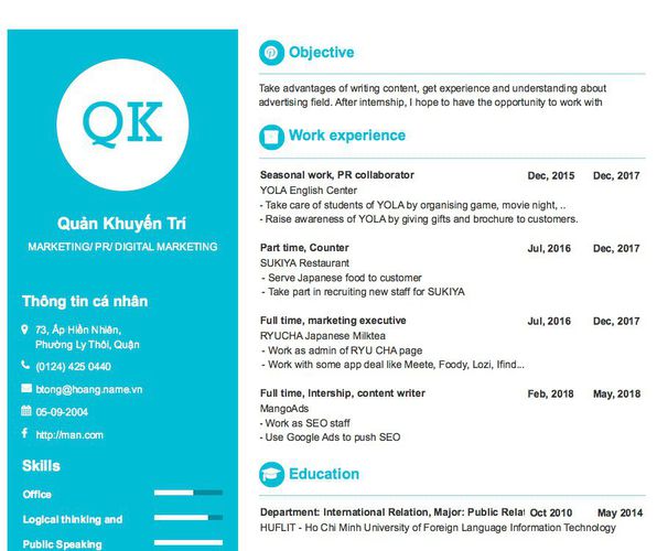 Mẫu CV  MARKETING/ PR/ DIGITAL MARKETING