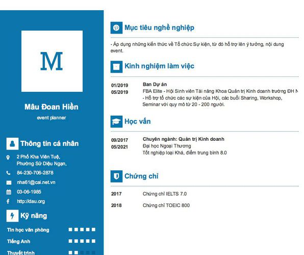 Mẫu CV event planner