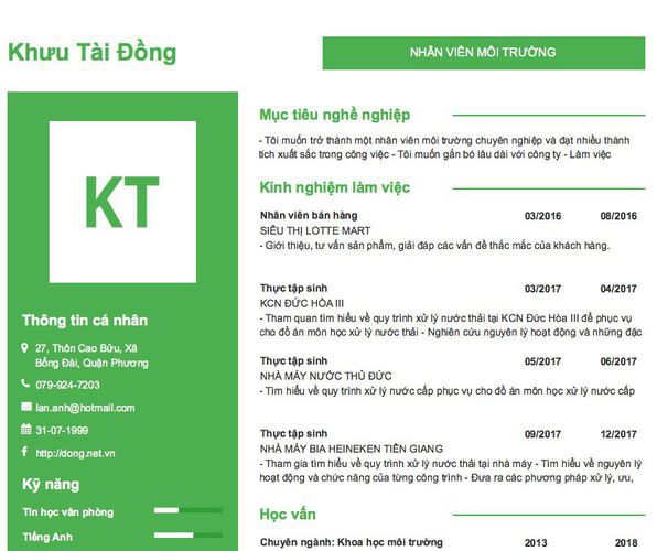 Mẫu CV NHÂN VIÊN MÔI TRƯỜNG