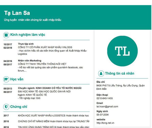 Mẫu CV Ứng tuyển  nhân viên chứng từ xuất nhập khẩu