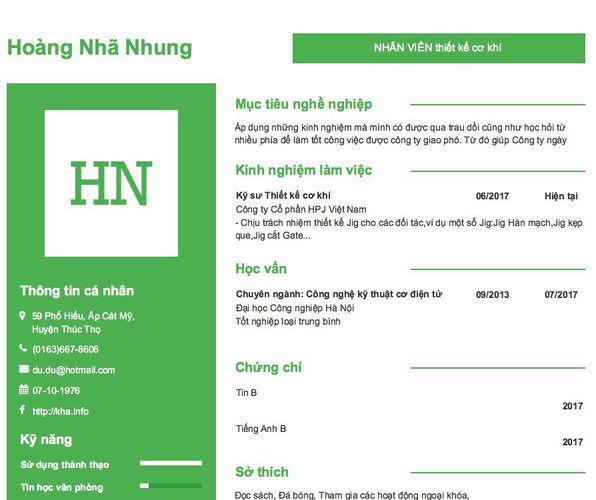 Mẫu CV NHÂN VIÊN thiết kế cơ khí